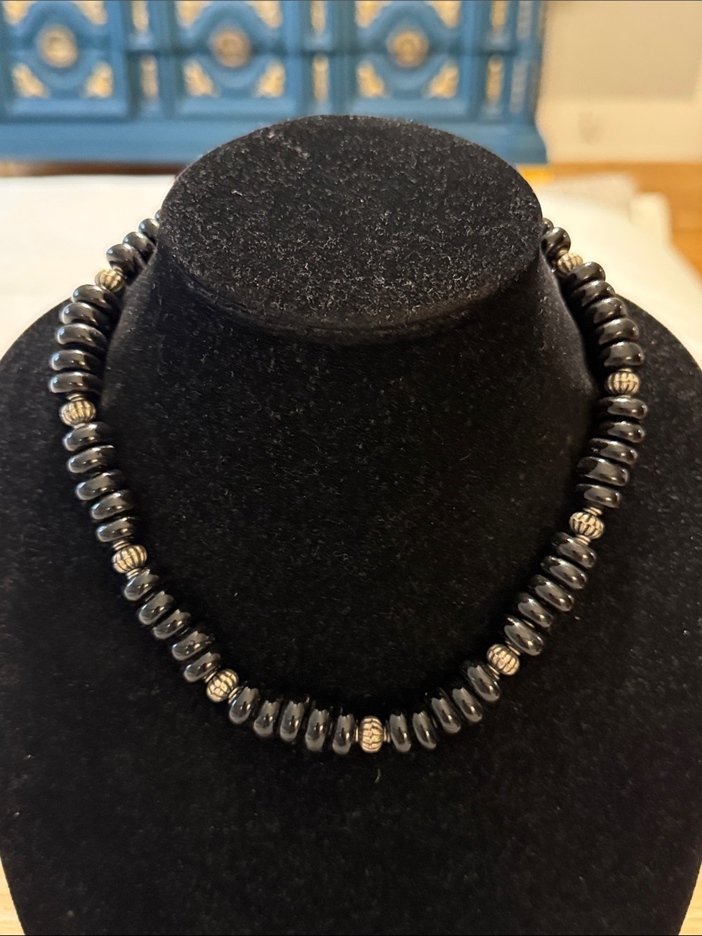 Vintage Silver Tone Black Beaded Choker Collar Statement Necklace